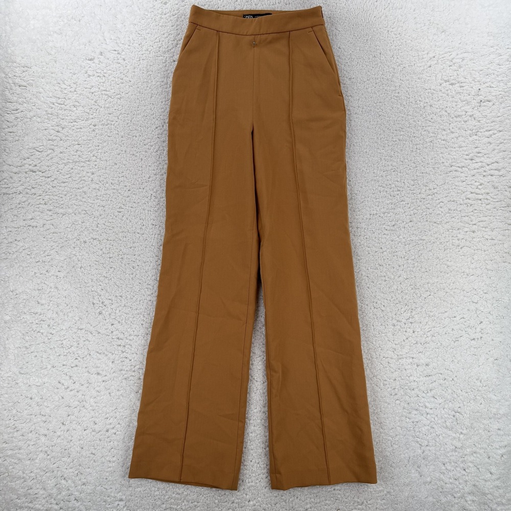 Zara Dress Pants Womens XS Brown Twill Straight Leg High Waist Work Office NWT